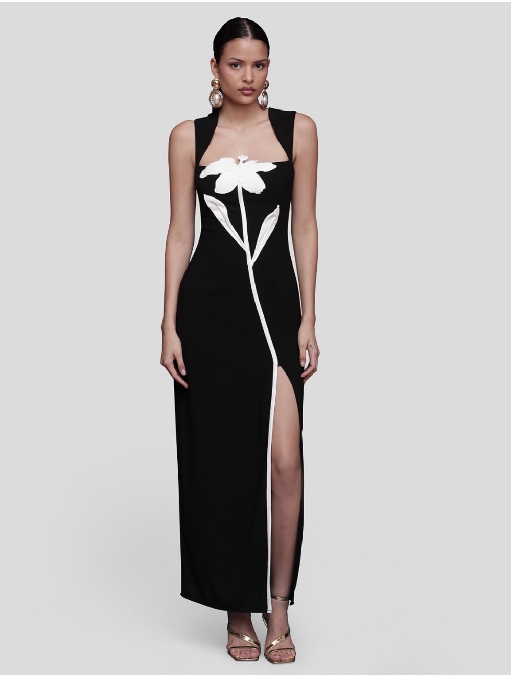 Avec Les Filles Black evening Dress with White Floral Accent